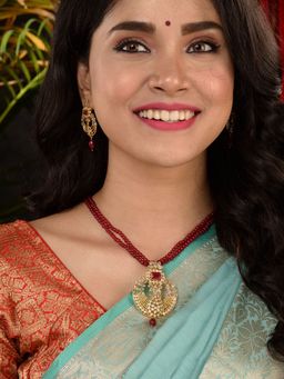 Saraf RS Jewellery - Gold Plated Polki Studded With Red Beads Maala Necklace Set