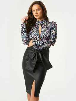 Little Mistress - Zaire Leopard-Print Satin Keyhole Bodysuit