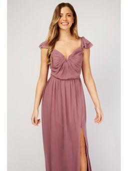 Little Mistress - Mauve Bardot Draped Sleeve Bridesmaid Maxi Dress