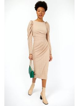 Little Mistress - Hayley Camel Broderie Ruched Bodycon Midi Dress