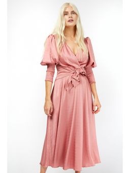 Little Mistress - Newton Dusty Pink Satin Jacquard Bow Front Midi Dress