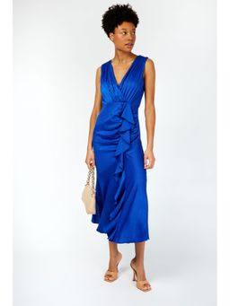 Little Mistress - Rowson Cobalt Satin Ruffle Midi Dress