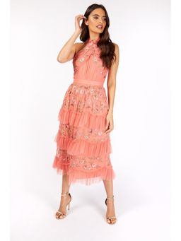 Little Mistress - Enrica Peach Blossom Embroidered Tiered Midi Dress