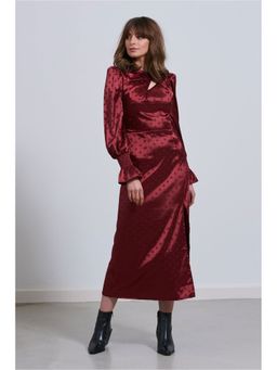 Little Mistress - Berry Satin Polka Print Midi Dress With Key Hole Detail