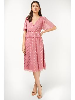 Little Mistress - Emma Rose And Gold Foil Peplum Midi Dress