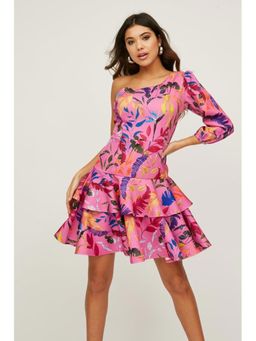 Little Mistress - Lexus Pink Floral-print One-shoulder Mini Dress