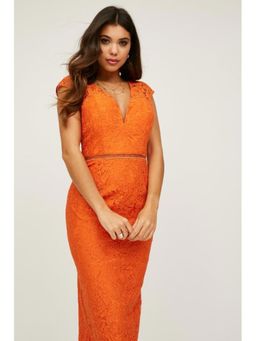 Little Mistress - Caro Orange Lace Plunge Midi Dress