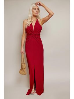 Little Mistress - Martyna Chilli Lace Insert Halterneck Maxi Dress