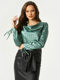 Little Mistress - Sabrin Green Polka-dot Satin Cowl-neck Blouse