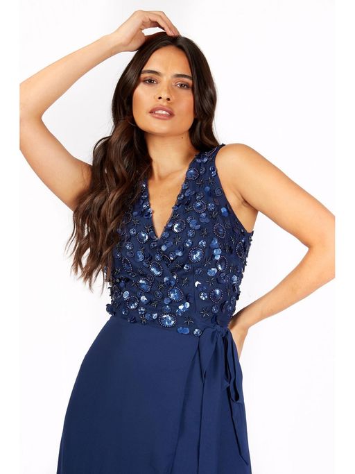 Buy Little Mistress Jordan Navy Embellished Wrap Maxi Dress (M) Online
