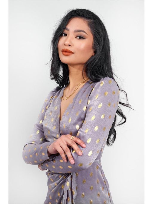 little mistress satin wrap dress Little Mistress Bridesmaid one shoulder wrap dress in golden caramel