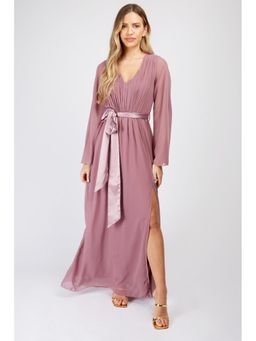 Little Mistress - Mauve Plunge Tie Waist Bridesmaid Maxi Dress