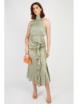 Little Mistress - Sage Gold Foil High Neck Midi Dress