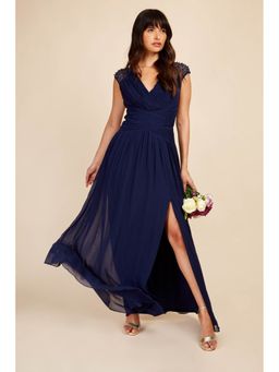 Little Mistress - Charlie Bridesmaid Navy Embellished Sleeve Maxi Dress