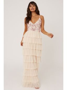 Little Mistress - Fleur Nude Sequin Tiered Hem Maxi Dress