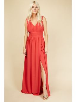 Little Mistress - Alexa Bridesmaid Coral Plunge Neckline Maxi Dress
