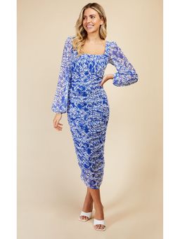 Little Mistress - Blue Floral Print Ruched Midi Bodycon Dress