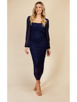 Little Mistress - Navy Ruched Midi Bodycon Dress