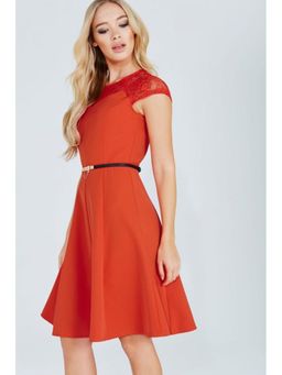 Paper Dolls - Tomato Red Lace Detail Fluted Swing Dress
