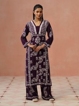 House of Chikankari - Women Wine Rayon Chikankari Kurta and Palazzo