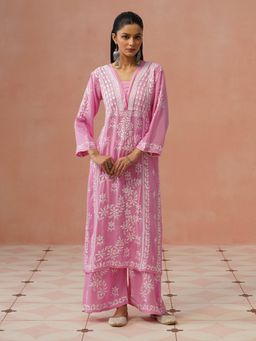House of Chikankari - Women Pink Rayon Chikankari Kurta and Palazzo