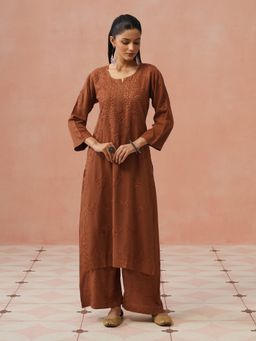 House of Chikankari - Women Brown Rayon Chikankari Kurta and Palazzo