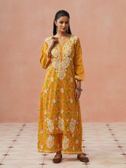 House of Chikankari - Women Yellow Mulmul Chikankari Kurta and Palazzo