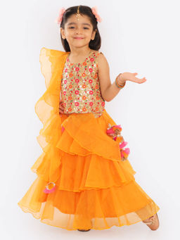 FREE SPARROW - Orange Lehenga with Gold & Thread Embroidered Top & Dupatta (Set of 3)