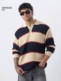 The Souled Store - Textured Stripes: Retro Rugby Men Cream Oversized Sweater