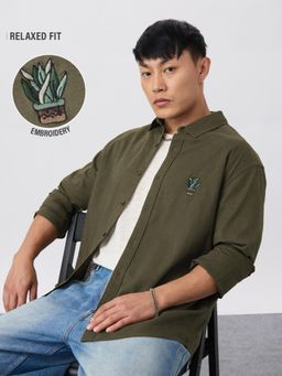 The Souled Store - Cotton Linen: Grow Men Olive Regular Shirt