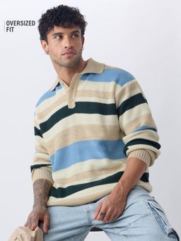 The Souled Store - Pulse Men Beige Oversized Polo Sweater