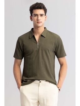 Snitch - Men Olive Textured Collar Neck Polo T-Shirt