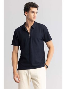 Snitch - Men Navy Blue Textured Collar Neck Polo T-Shirt