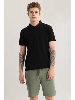 Snitch - Men Black Textured Collar Neck Polo T-Shirt
