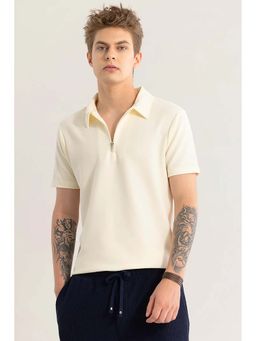Snitch - Men Cream Textured Collar Neck Polo T-Shirt