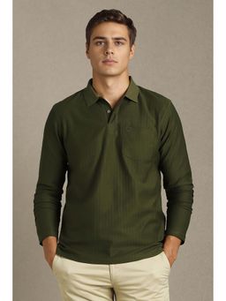 Louis Philippe - Men Olive Textured Collar Neck Polo T-Shirt