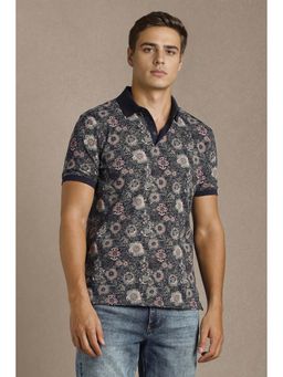 Louis Philippe - Men Navy Blue Floral Collar Neck Polo T-Shirt