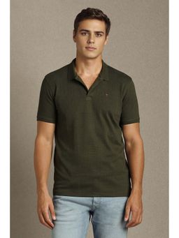Louis Philippe - Men Olive Textured Collar Neck Polo T-Shirt