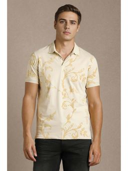 Louis Philippe - Men Beige Printed Collar Neck Polo T-Shirt