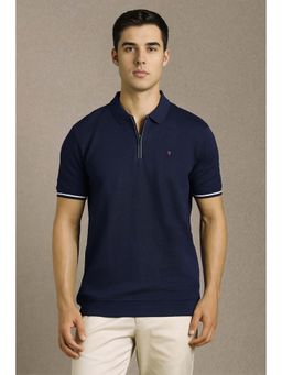 Louis Philippe - Men Navy Blue Solid Collar Neck Polo T-Shirt
