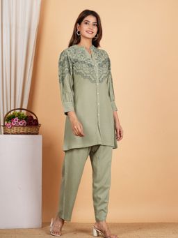 KAFTANIZE - Sage Green Embroidered Button Fly Co-Ord (Set of 2)