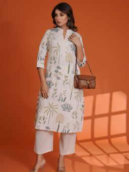 KAFTANIZE - Cream Base Green Cotton Floral Printed Kurta and Pant (Set of 2)