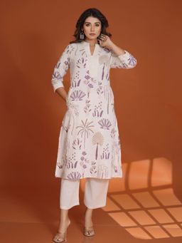 KAFTANIZE - Cream Base Purple Cotton Floral Printed Kurta and Pant (Set of 2)