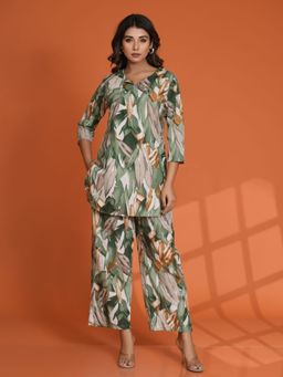 KAFTANIZE - Green Leaf Printed Cotton Cambric Co-Ord (Set of 2)