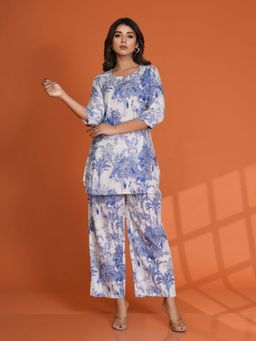 KAFTANIZE - Blue Tree and Bird Motif Printed Cotton Cambric Co-Ord (Set of 2)