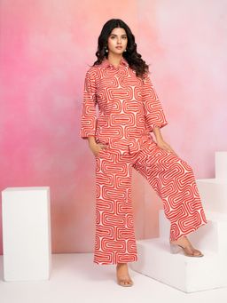 KAFTANIZE - Red Swirl Print Cotton Cambric Co-Ord (Set of 2)