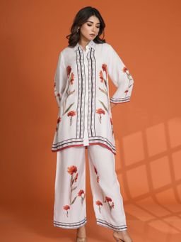 KAFTANIZE - White Bold Floral and Black Border Print Muslin Co-Ord (Set of 2)