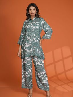 KAFTANIZE - White and Green Leaf Printed Sequin Work Muslin Co-Ord (Set of 2)