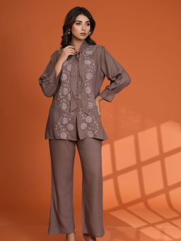 KAFTANIZE - Rayon Staple Brown Embroidered Bow Tie Co-Ord (Set of 2)