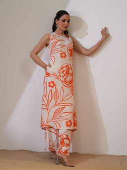 KAFTANIZE - Russian Silk Orange Bold Floral Sleeveless Co-Ord (Set of 2)